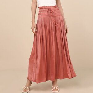 Lulus Maina Rusty Rose Plisse Drawstring High-rise Maxi Skirt Pink - Size M